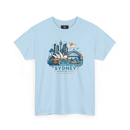 Light blue Sydney cityscape graphic T-shirt with crew neck and short sleeves
