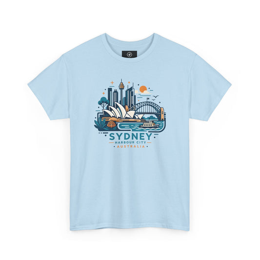 Light blue Sydney cityscape graphic T-shirt with crew neck and short sleeves