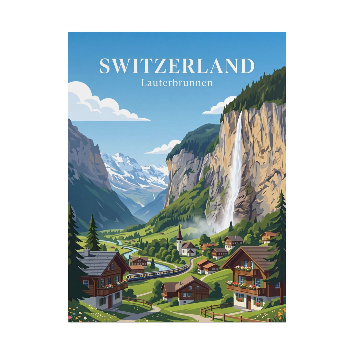 Rolled poster showing Lauterbrunnen waterfall, Swiss village rooftops, and snow-capped peaks