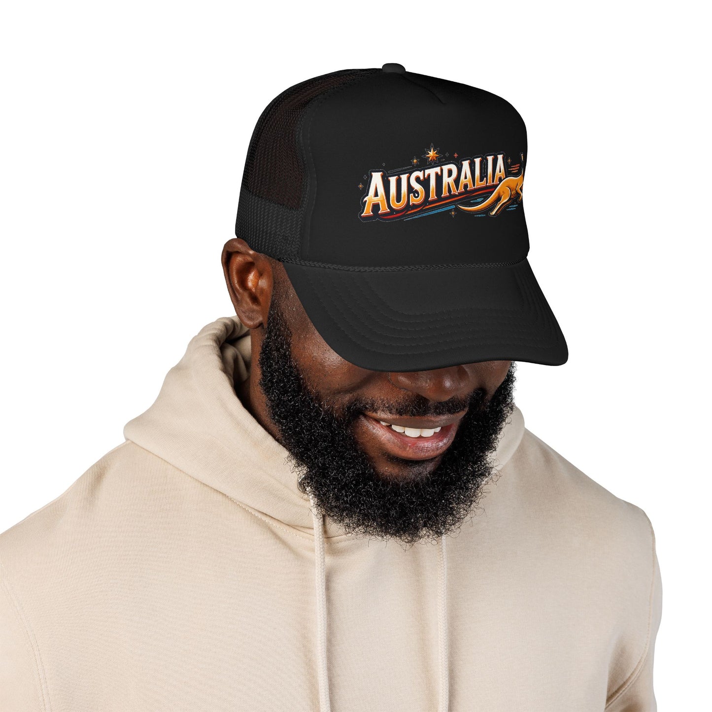 Black trucker hat with AUSTRALIA kangaroo logo patch, front view