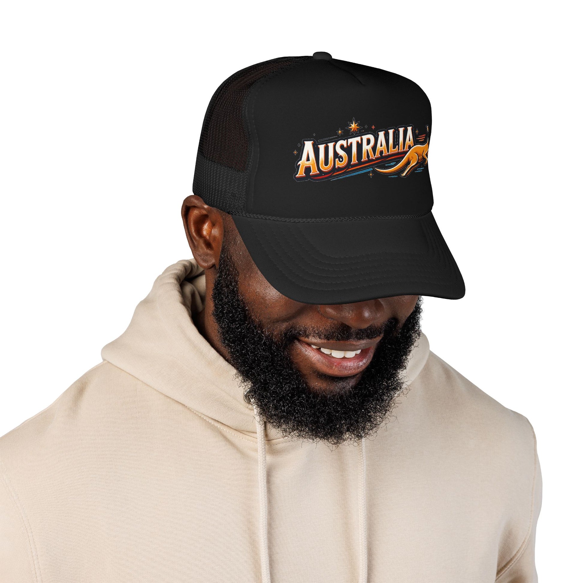 Black trucker hat with AUSTRALIA kangaroo logo patch, front view