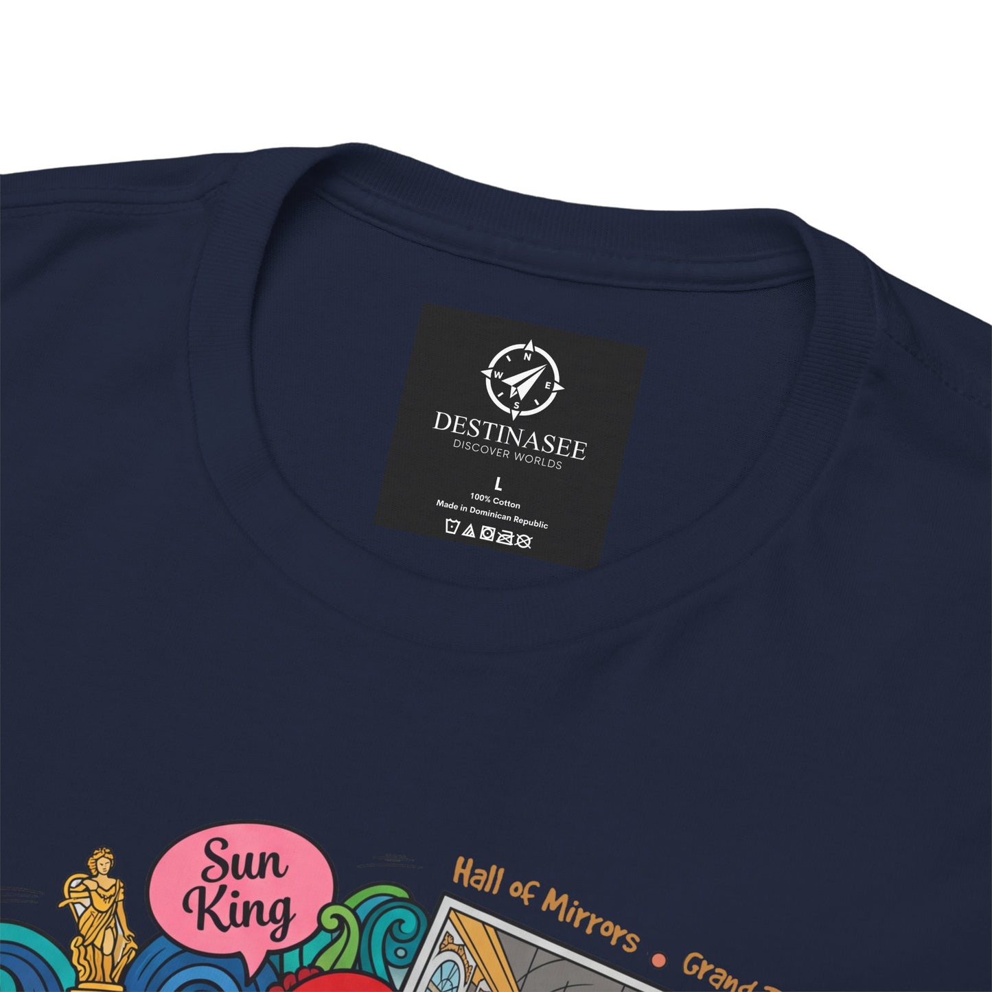 Navy T-shirt close-up of crew neck label and partial “Versailles” graphic.