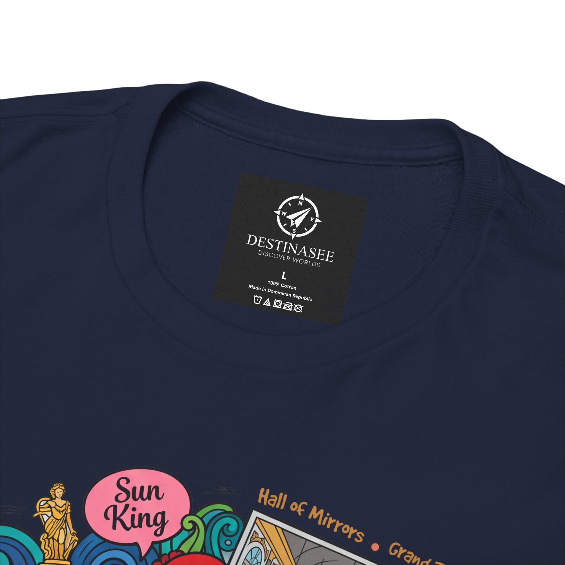Navy T-shirt close-up of crew neck label and partial “Versailles” graphic.