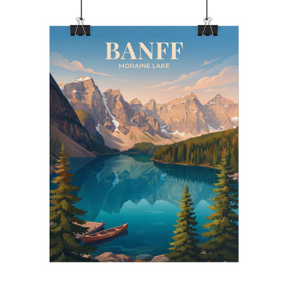 Banff Moraine Lake rolled poster print with mountains, lake, pine trees, and a small boat
