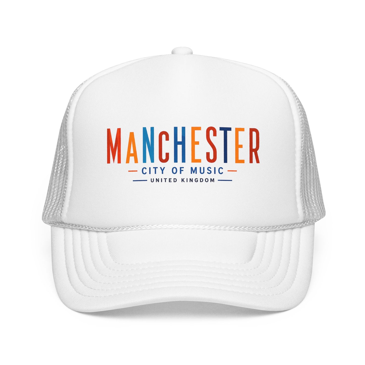 White trucker hat with Manchester City of Music logo on front, mesh side panels.