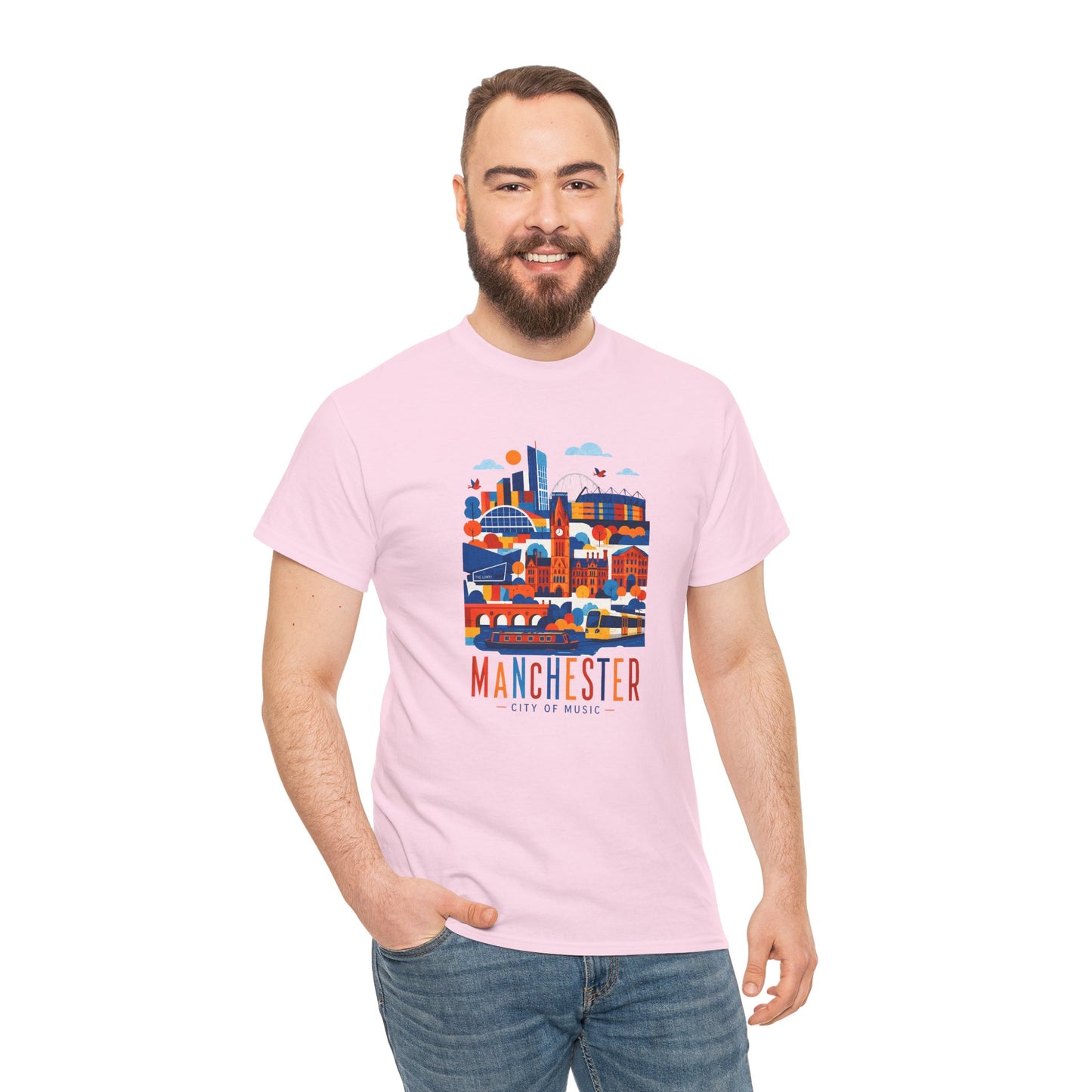 Pink Manchester skyline T-shirt with front city graphic and “MANCHESTER” text