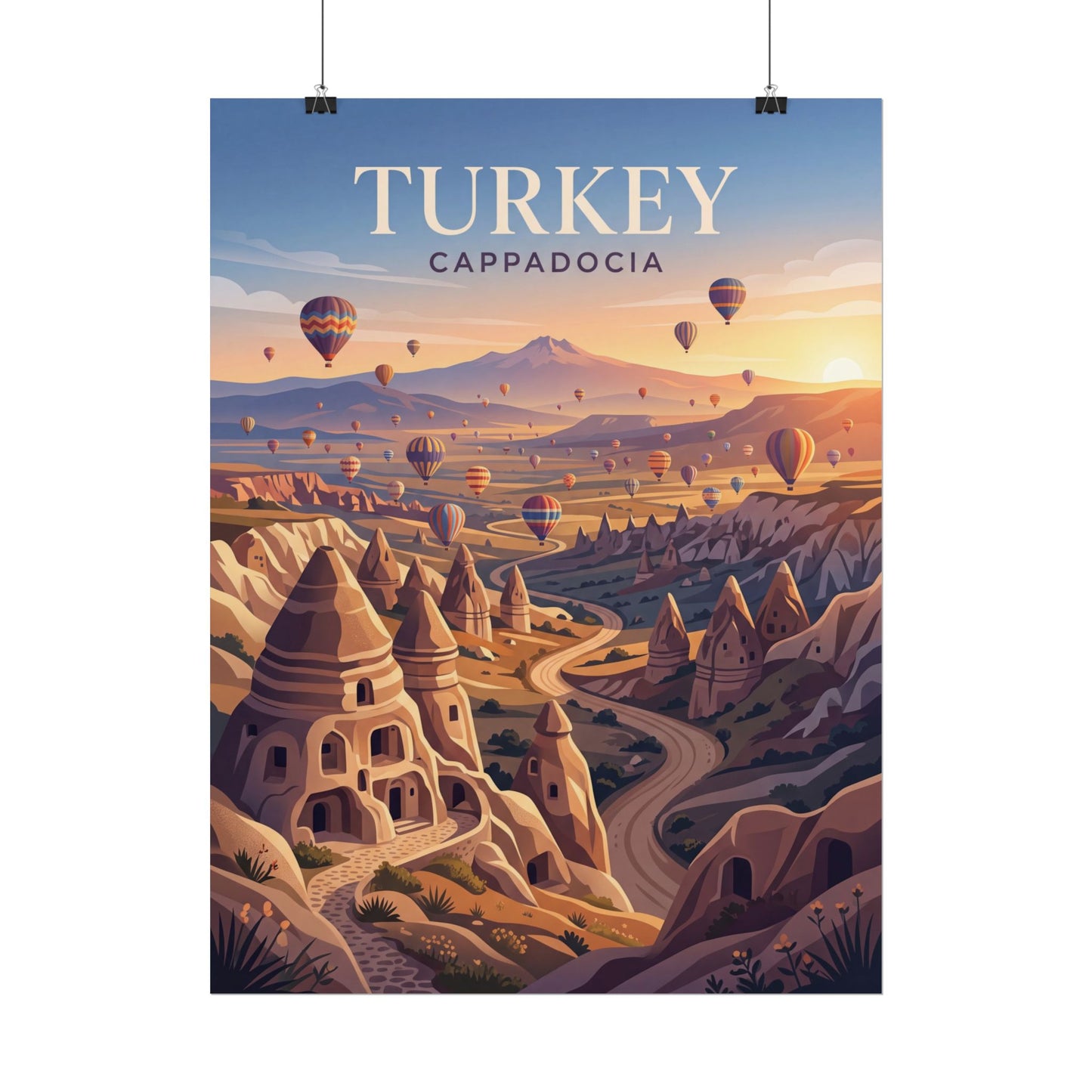 Rolled poster with TURKEY and CAPADOCIA text and winding valley road details