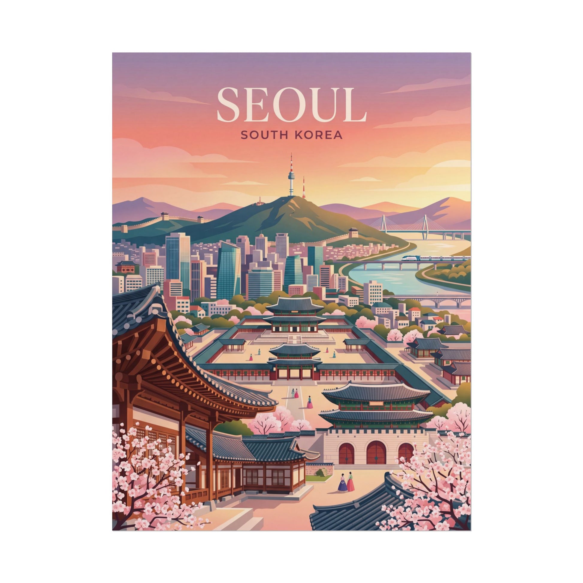 South Korea cityscape rolled poster with SEOUl title, mountain skyline, and temple grounds