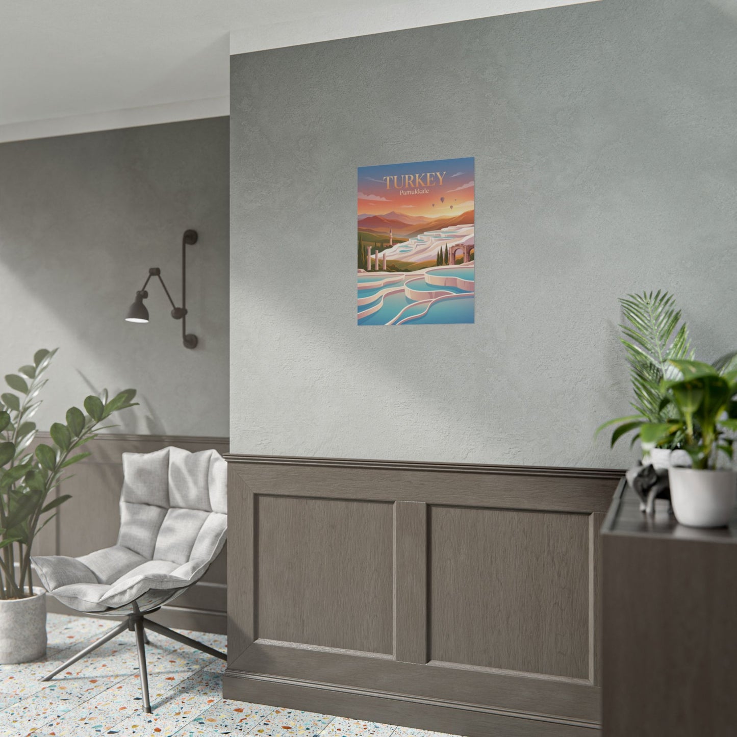 Small vertical travel poster featuring “TURKEY” and “Pamukkale” pool terraces and balloons