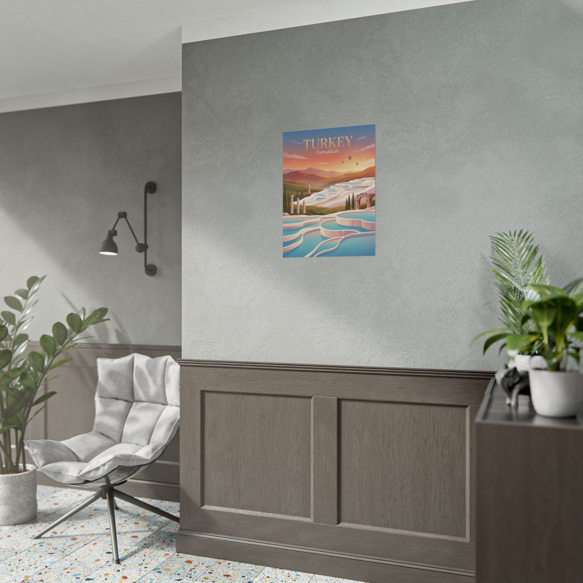 Small vertical travel poster featuring “TURKEY” and “Pamukkale” pool terraces and balloons