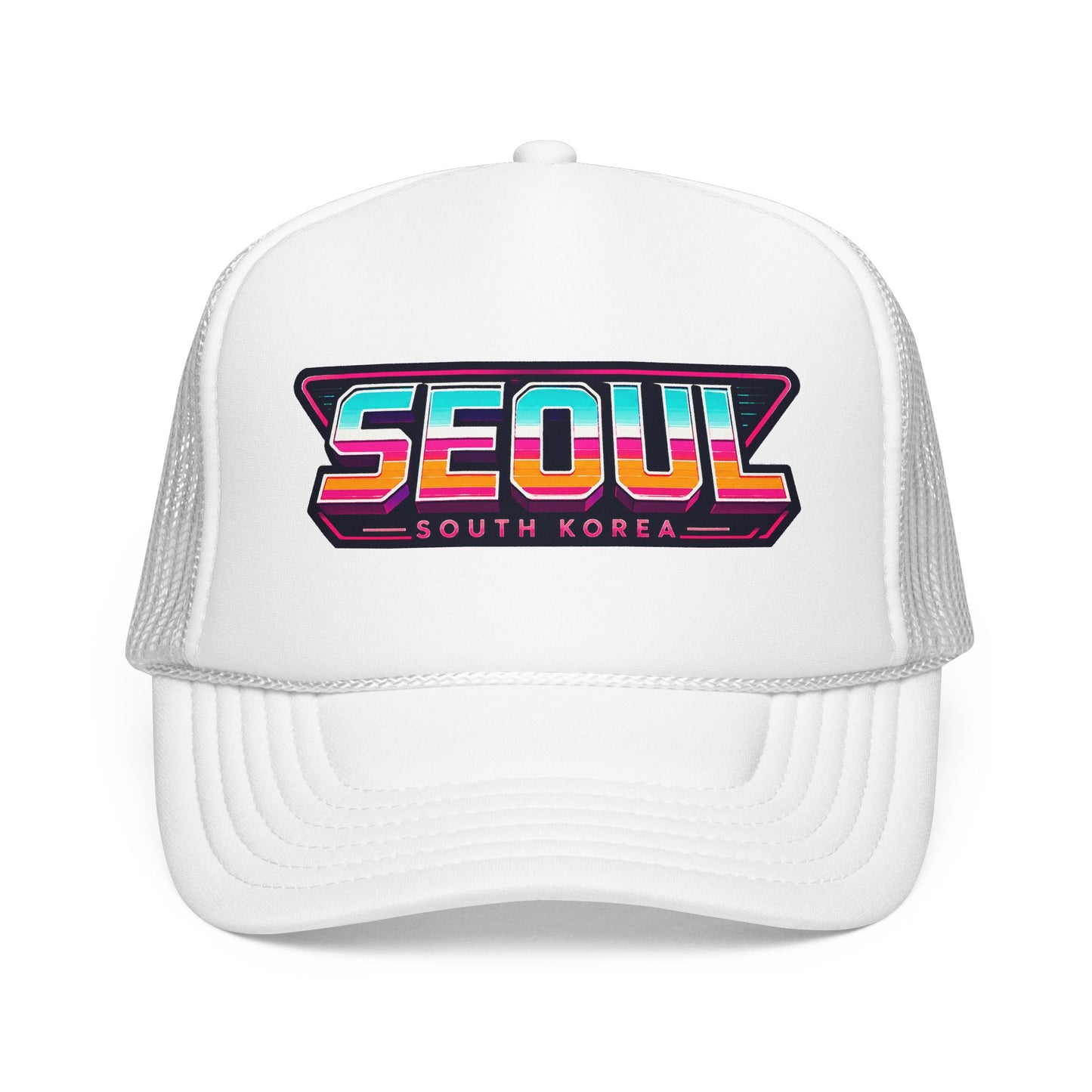 White trucker hat with embroidered “SEOUL SOUTH KOREA” patch logo