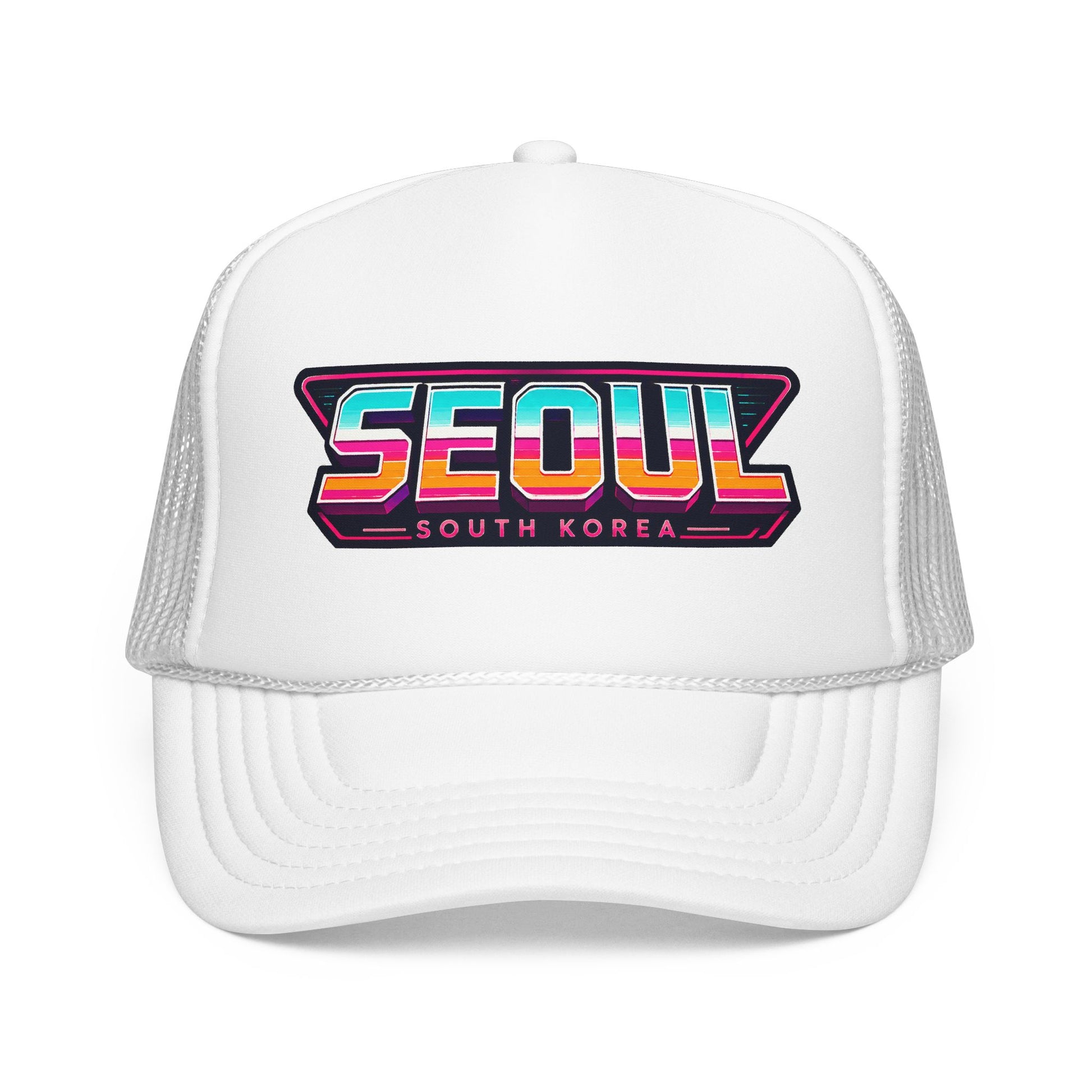 White trucker hat with embroidered “SEOUL SOUTH KOREA” patch logo