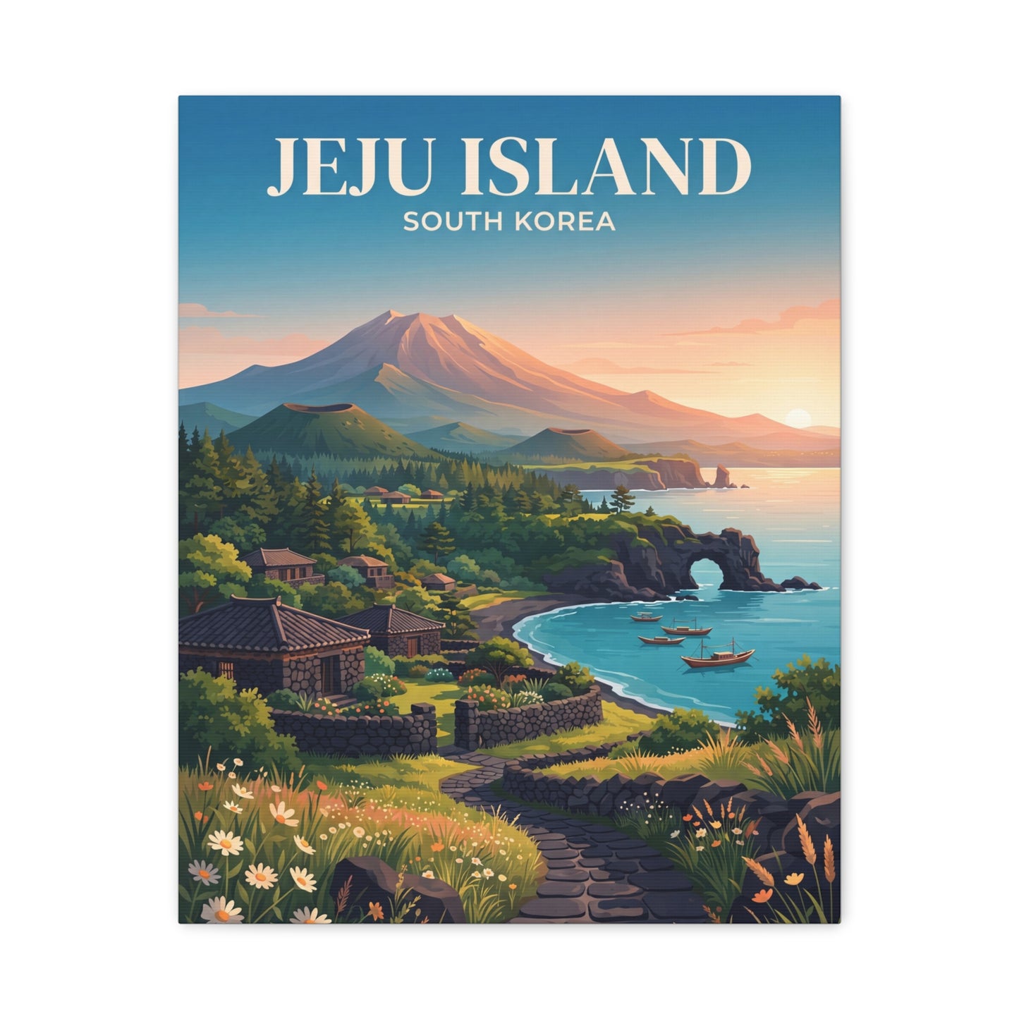 Matte canvas wall art showing Jeju Island volcano over scenic coast with boats and greenery.