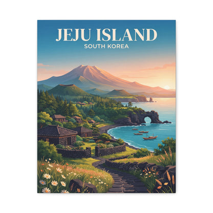 Matte canvas wall art showing Jeju Island volcano over scenic coast with boats and greenery.