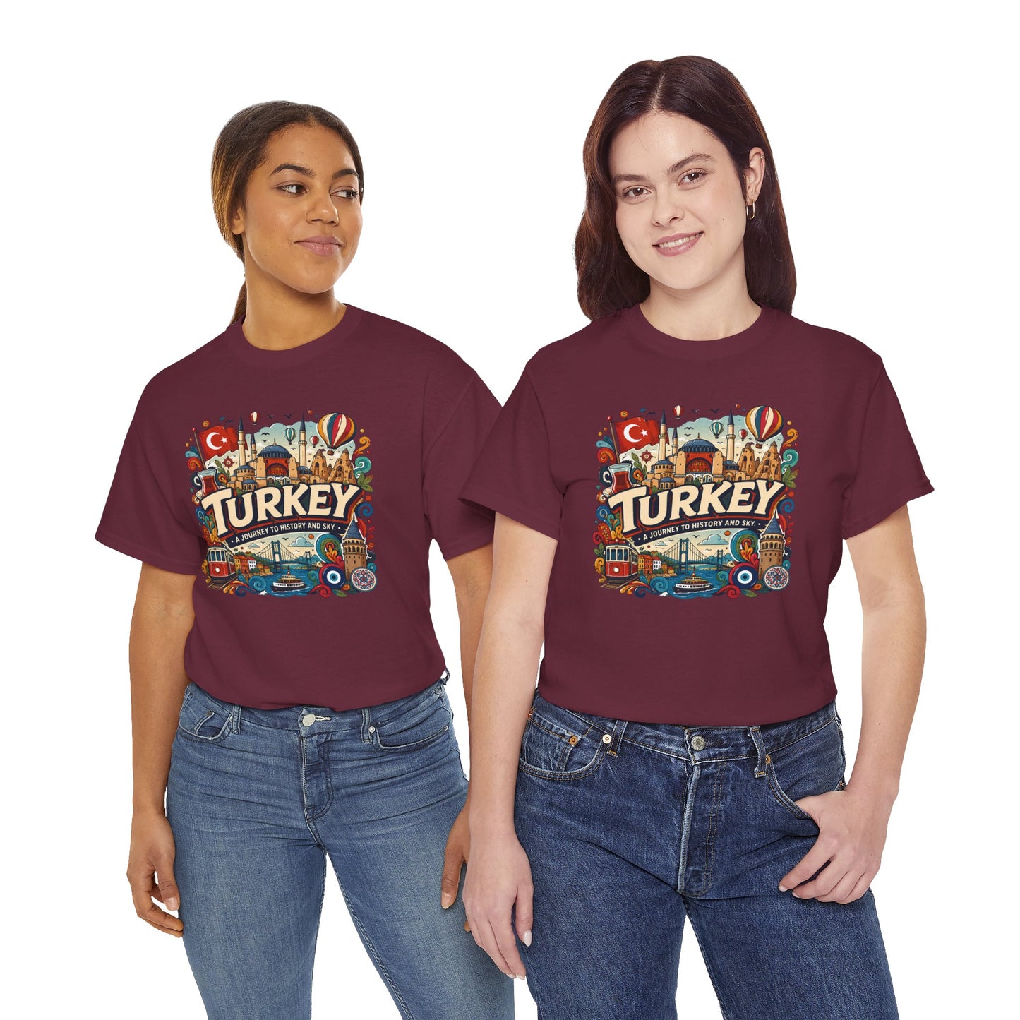 Maroon graphic tee with colorful Turkey city scene print, worn by two women