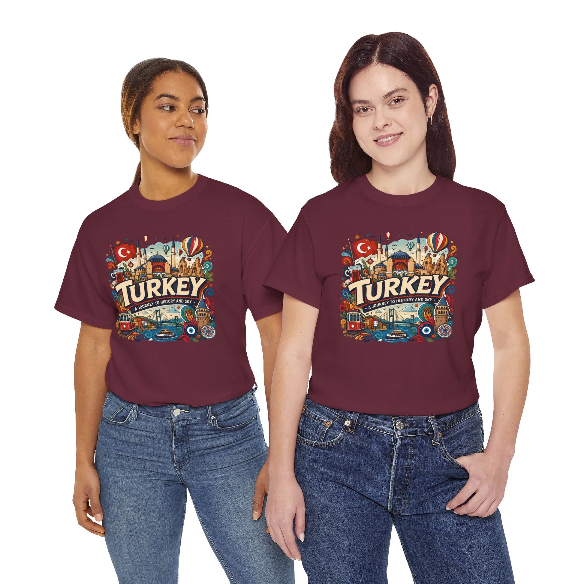 Maroon graphic tee with colorful Turkey city scene print, worn by two women