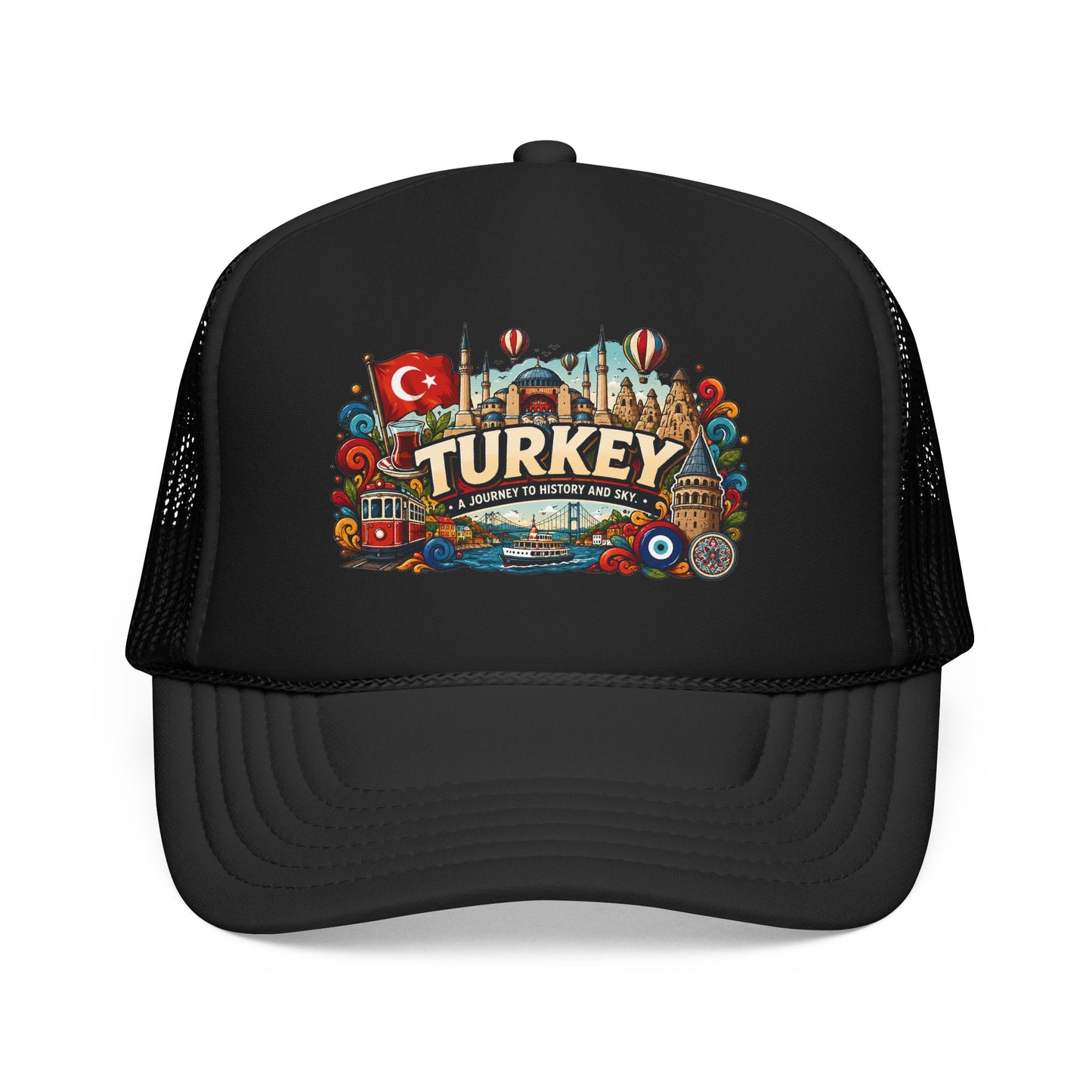 Turkey trucker hat in black with black mesh sides and Turkey graphic patch