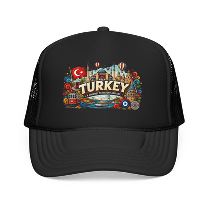 Turkey trucker hat in black with black mesh sides and Turkey graphic patch