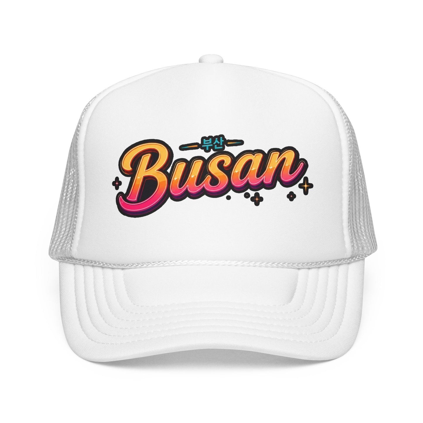 White trucker hat with front Busan logo and white mesh side panels