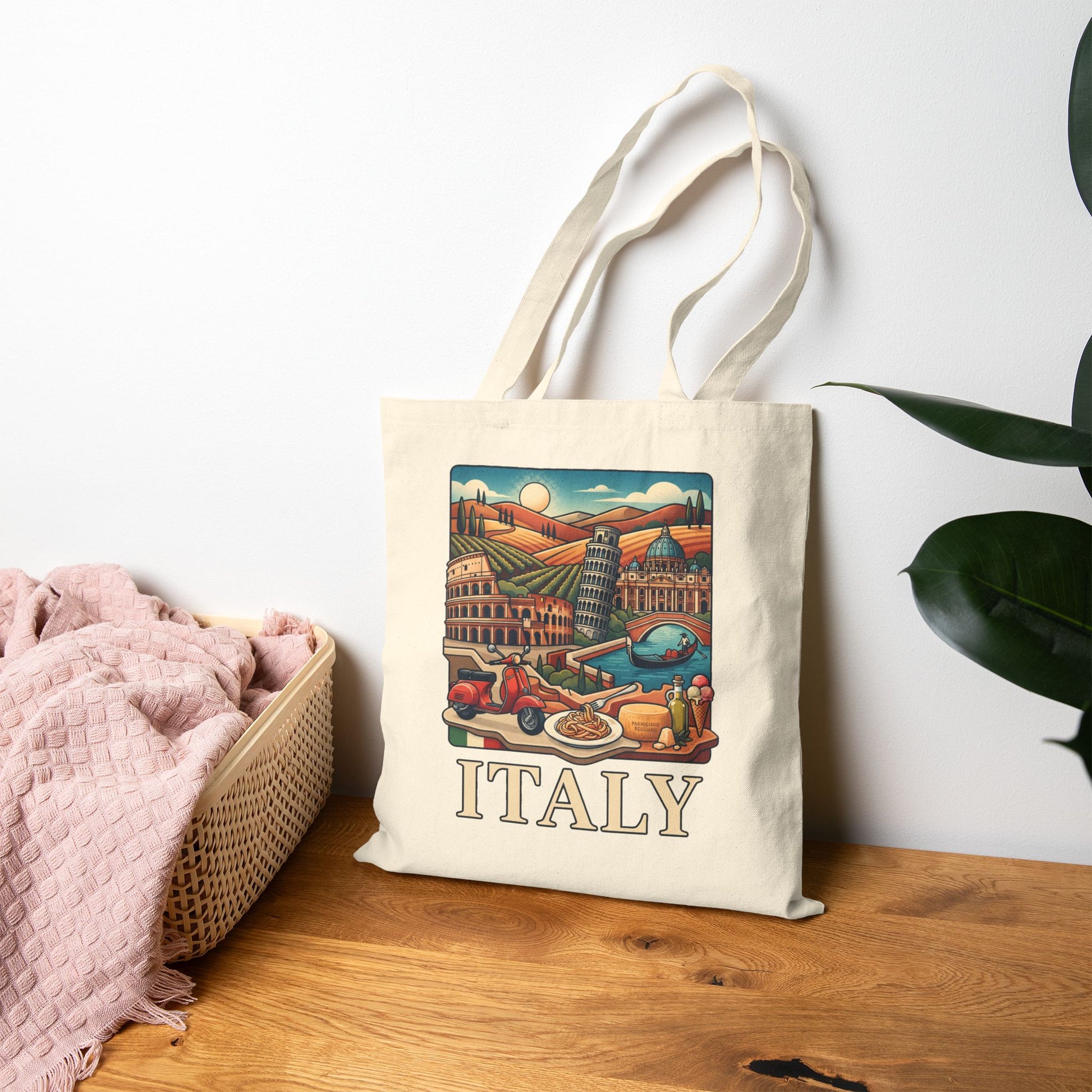 Natural canvas tote bag with “ITALY” scenic skyline print and two top handles