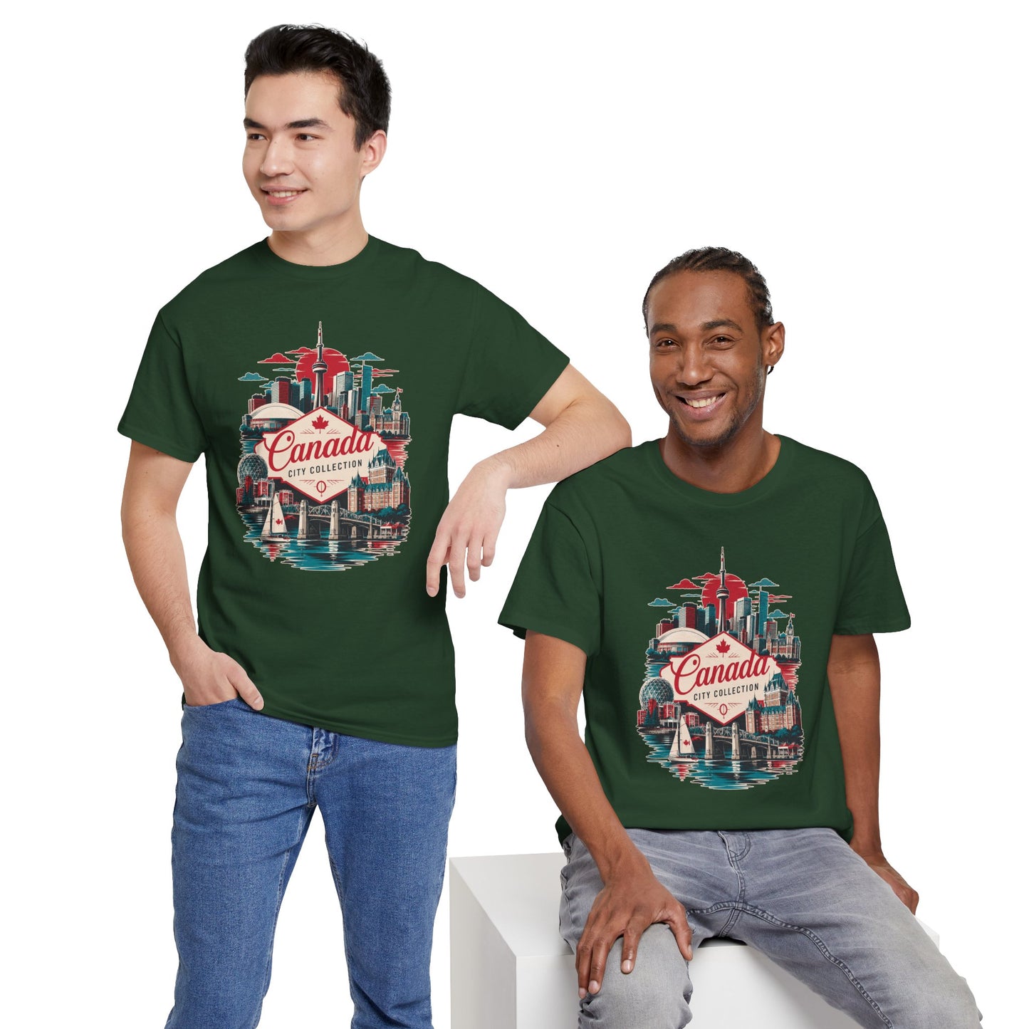 Green T-shirt with front Canada skyline graphic, crew neck, short sleeves on two models.