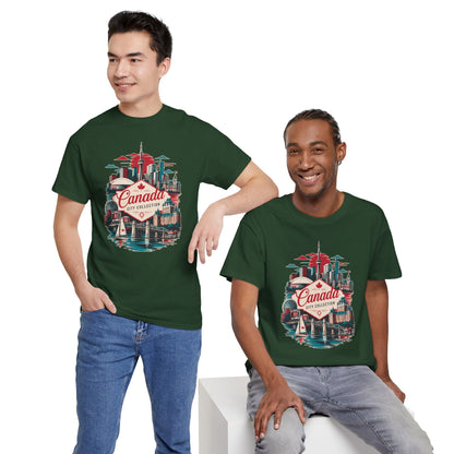 Green T-shirt with front Canada skyline graphic, crew neck, short sleeves on two models.