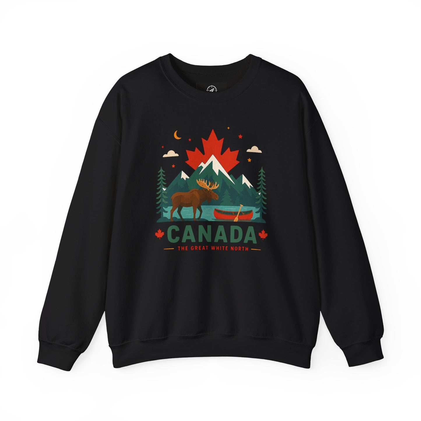 Black crewneck sweatshirt with front moose canoe and Canada graphic