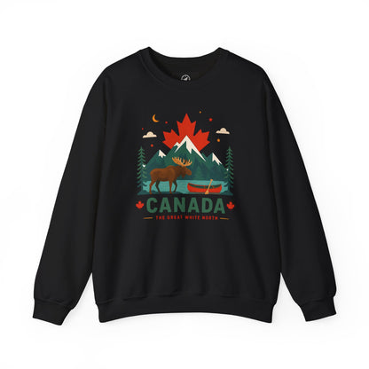 Black crewneck sweatshirt with front moose canoe and Canada graphic