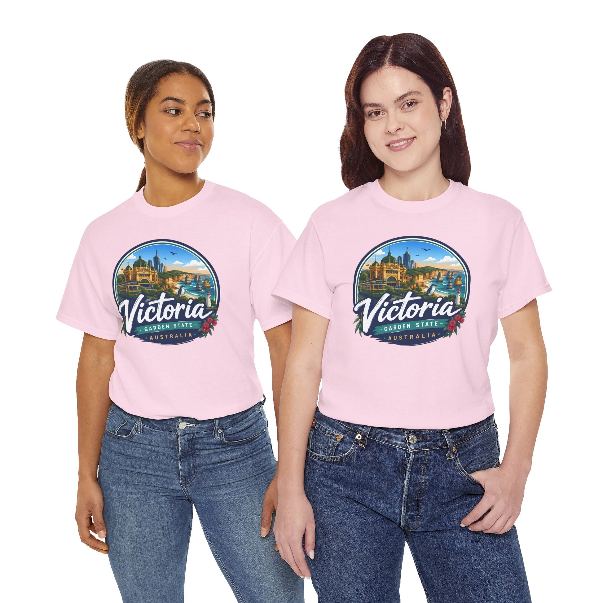 Pink crew-neck tee with circular city graphic and Victoria text on chest
