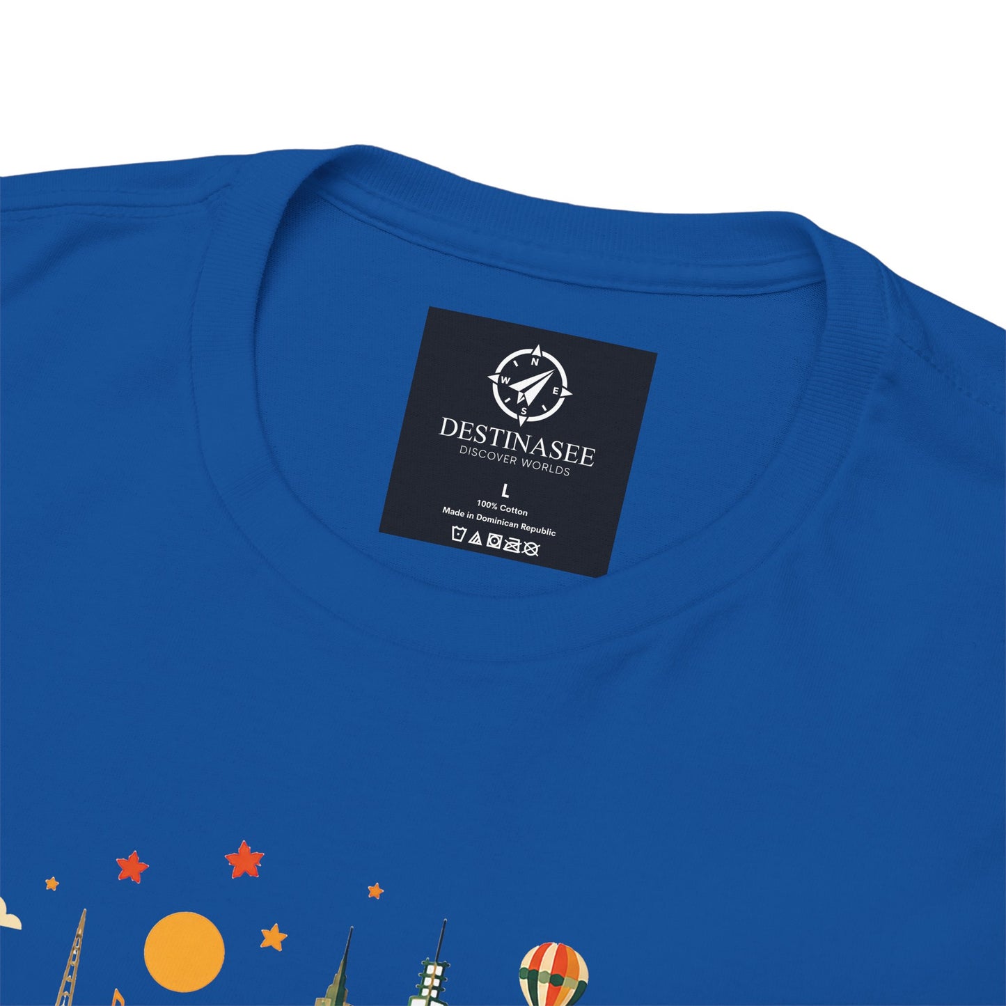Blue Melbourne graphic T-shirt with round neckline and small black neck label tag.