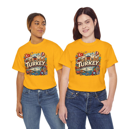 Yellow Turkey graphic tee on two women, front view with colorful central print