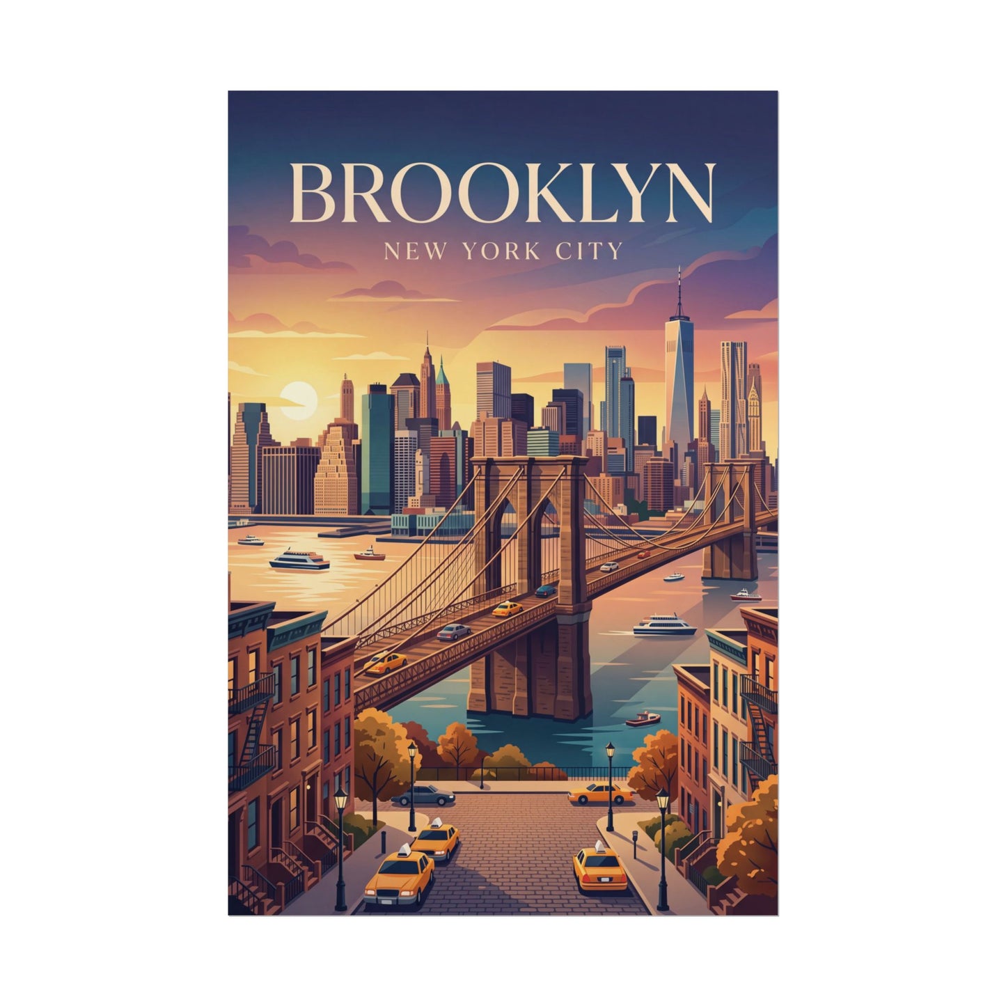 Rolled poster with Brooklyn skyline sunset bridge and title text 'Brooklyn'