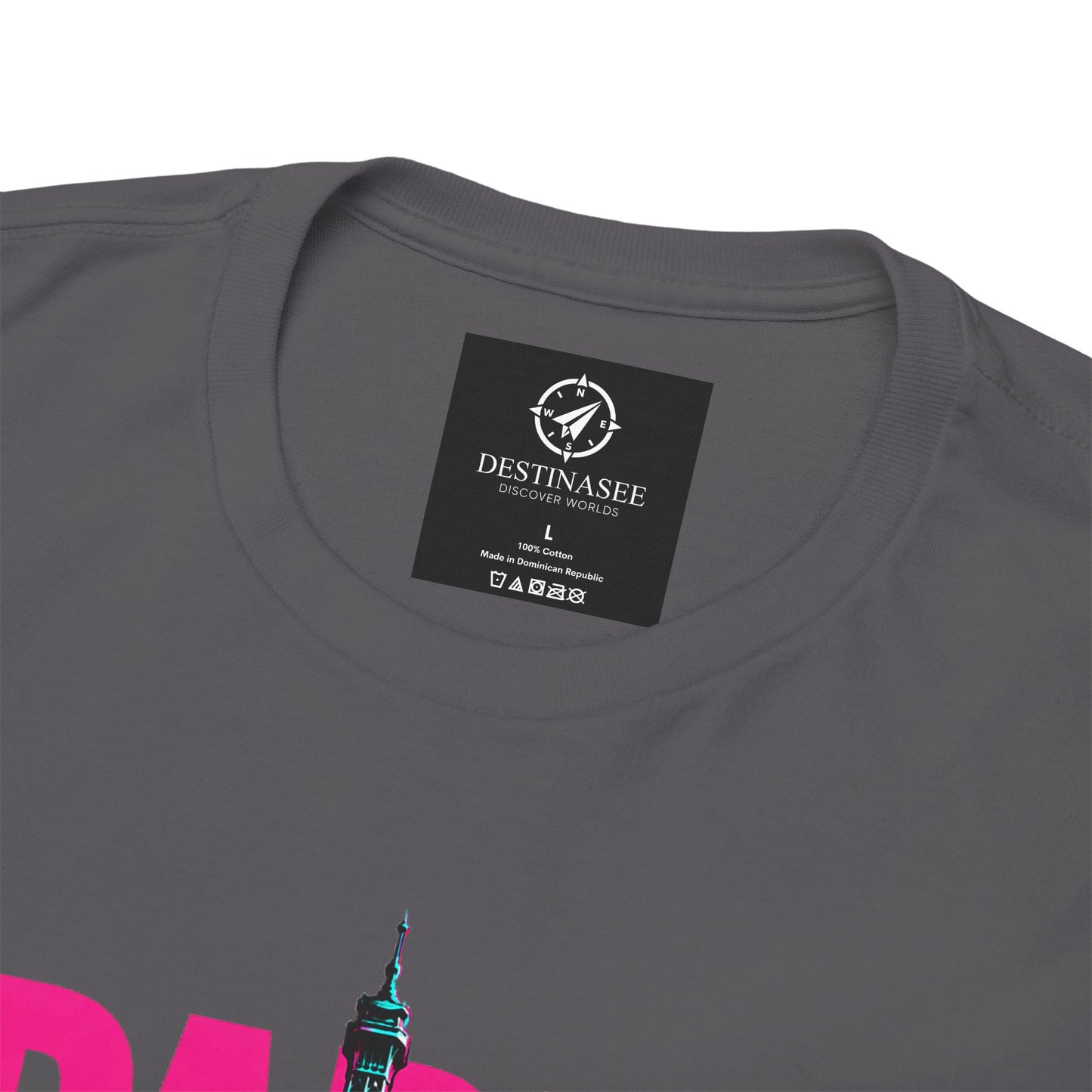 Charcoal travel T-shirt close-up: neck label and Paris City of Lights Eiffel Tower print