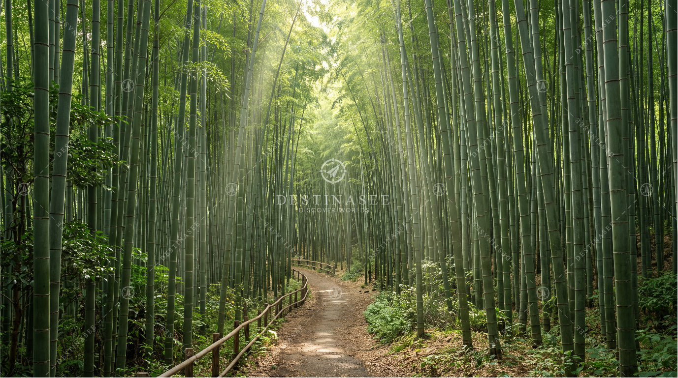 Green bamboo forest desktop wallpaper with a walking path between tall bamboo stalks