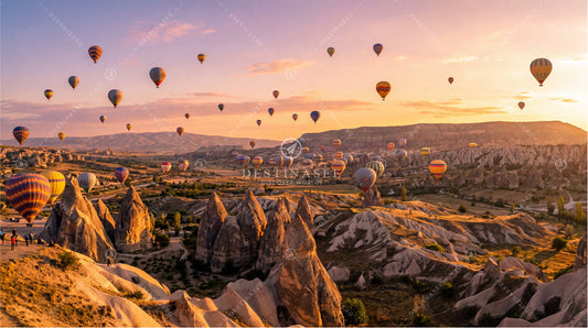 Cappadocia panorama desktop wallpaper with hot air balloons over rocky valley at sunset