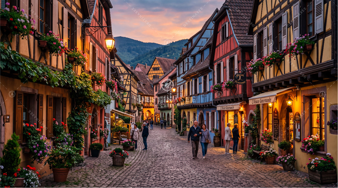 Scenic village street wallpaper with cobblestone alley and half-timbered houses