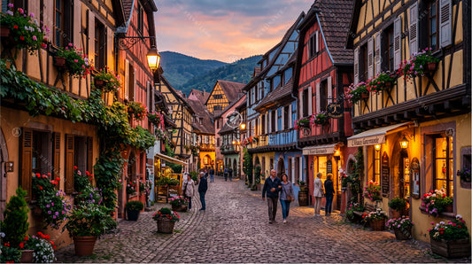 Scenic village street wallpaper with cobblestone alley and half-timbered houses