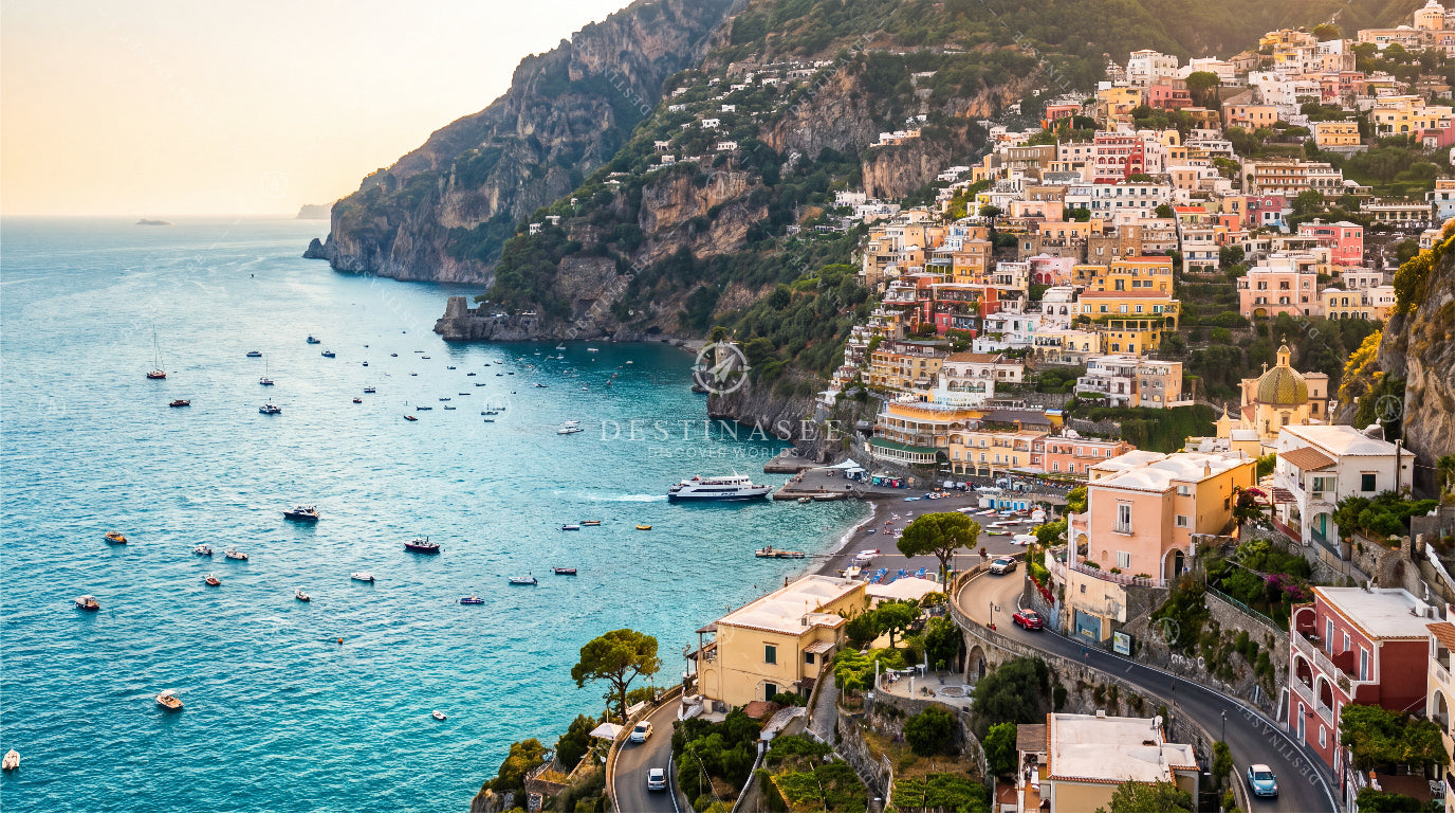 Desktop wallpaper showing colorful cliffside village along the sea