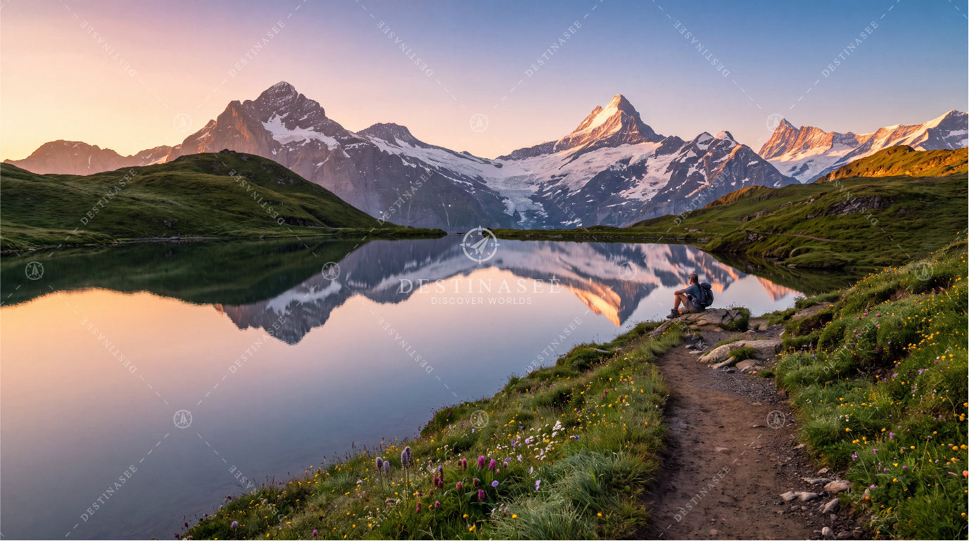 Alpine lake desktop wallpaper with mountain peaks, reflective water, and a grassy path.