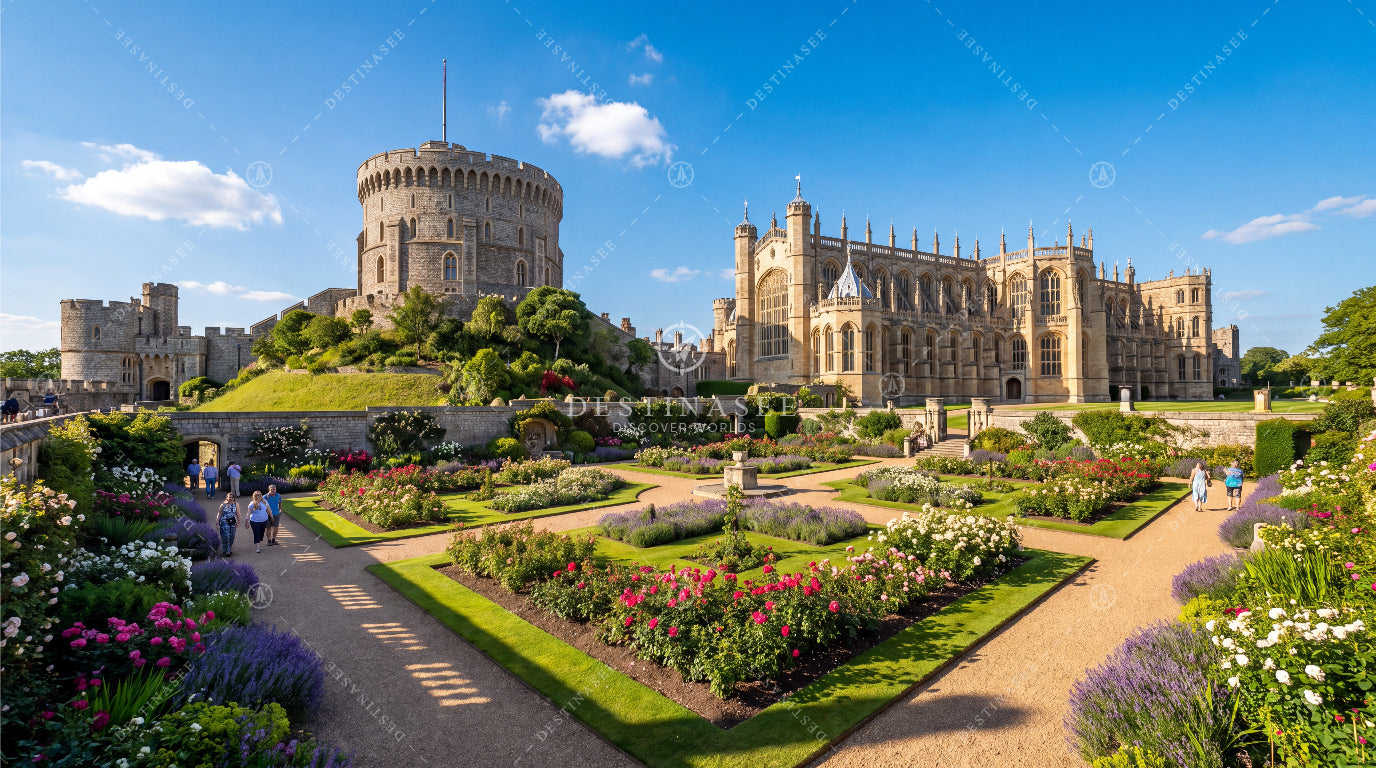 UK desktop wallpaper featuring a historic cathedral and landscaped flower gardens