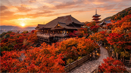 Kyoto temple autumn desktop wallpaper with pagoda and red-orange fall trees pathway