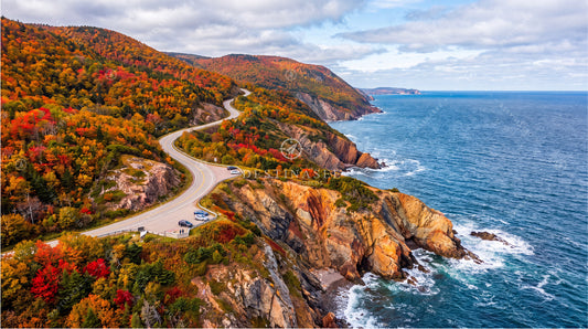Curving coastal road wallpaper with rocky shoreline, ocean waves, and autumn trees