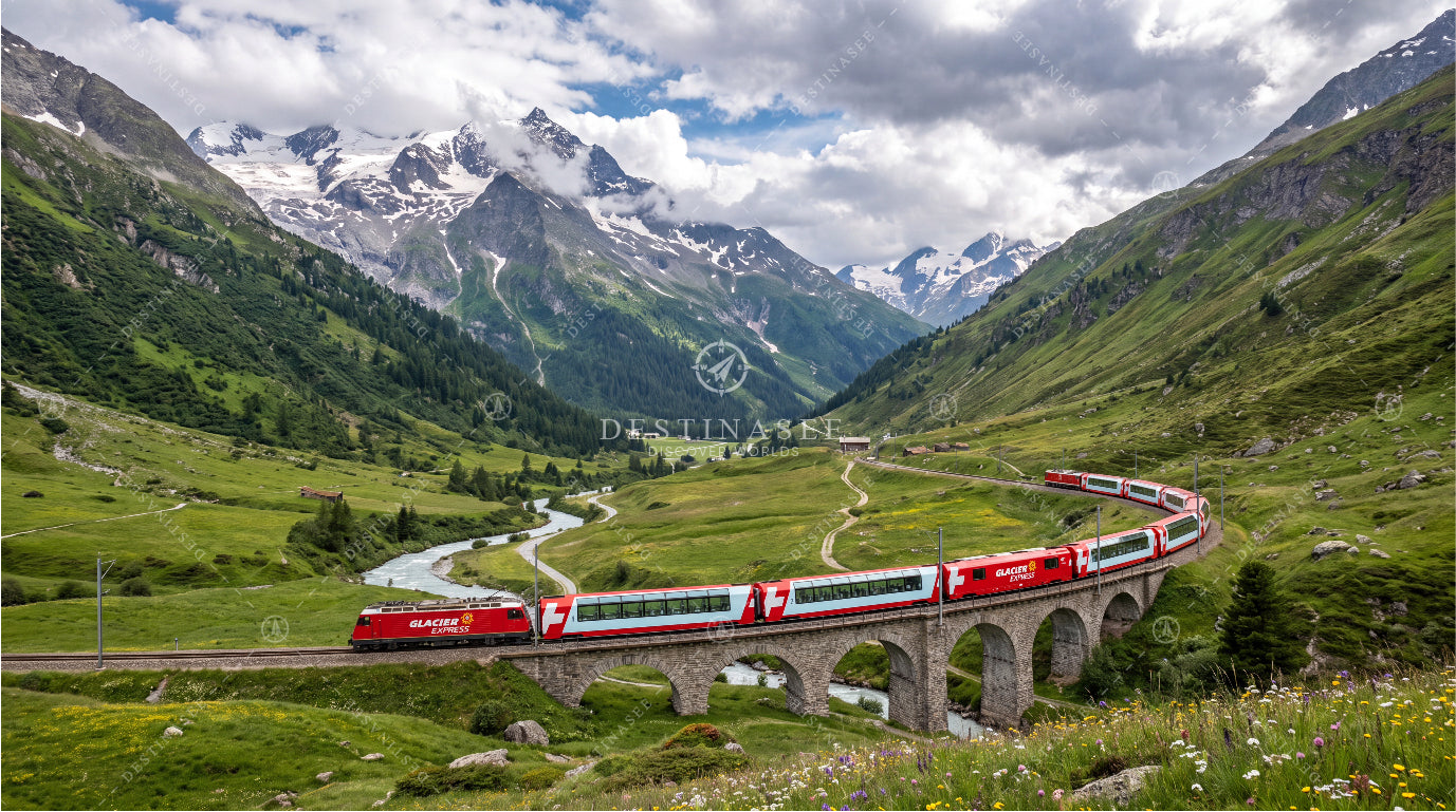 Scenic alpine train wallpaper with red rail car on stone viaduct through mountains