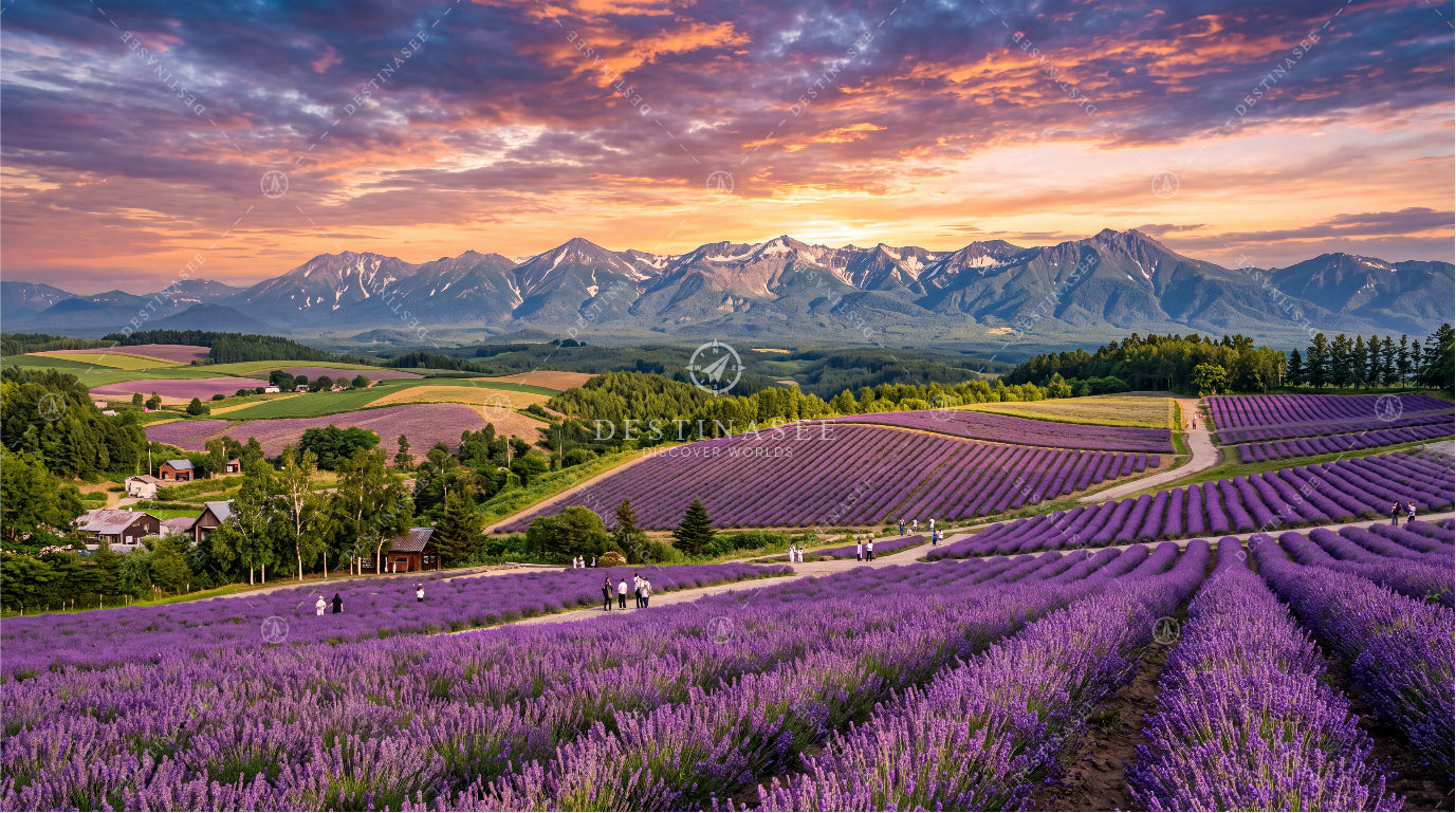 Japan lavender field desktop wallpaper with purple rows and distant snowcapped mountains