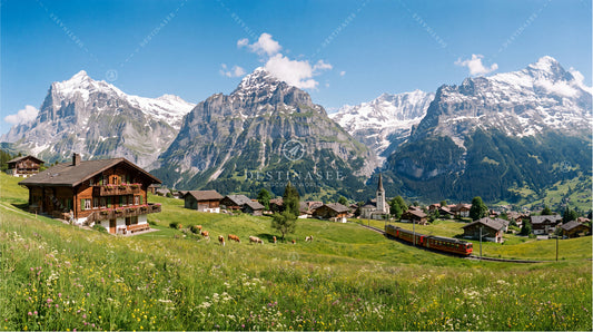 Scenic desktop wallpaper with alpine village, mountains, green meadow, and passing train.