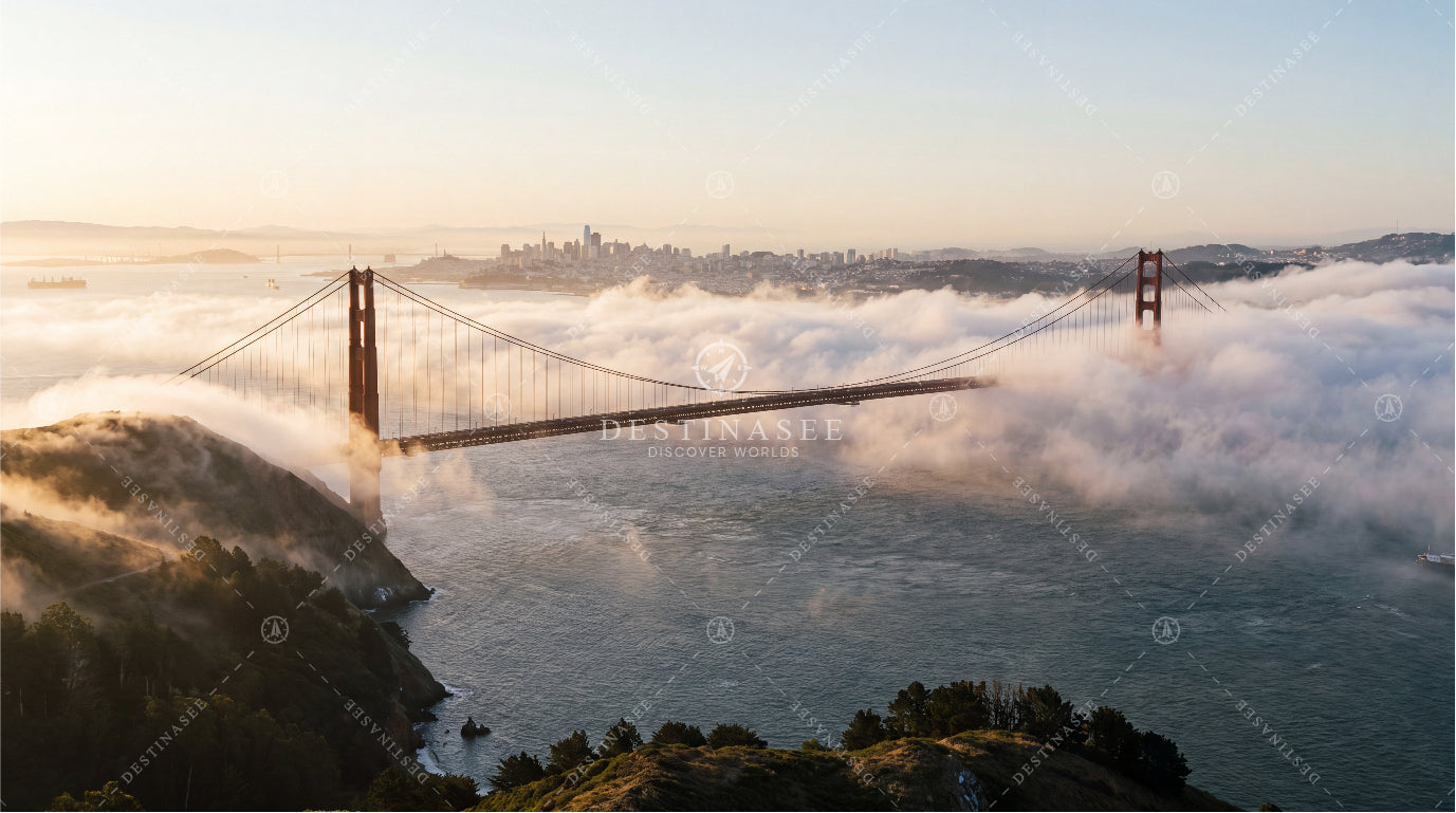 Golden Gate Bridge panorama desktop wallpaper with suspension bridge over ocean and fog