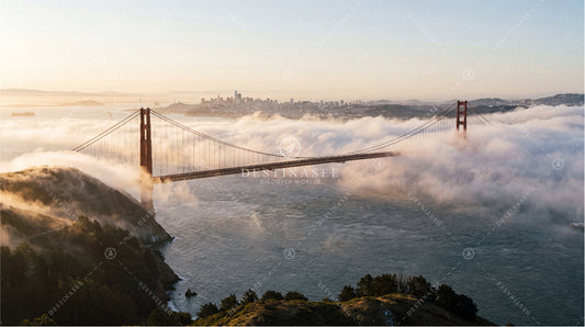 Golden Gate Bridge panorama desktop wallpaper with suspension bridge over ocean and fog