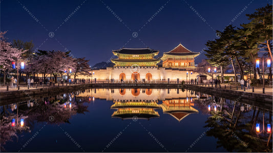 Gyeongbokgung Palace night desktop wallpaper, lit hall buildings with water reflection