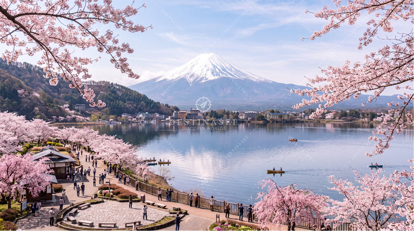 Japan desktop wallpaper: Mount Fuji over Lake Kawaguchi with pink cherry blossoms.