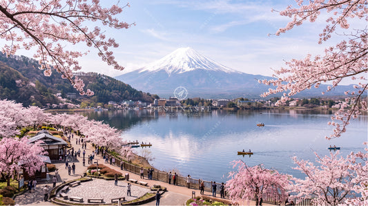 Japan desktop wallpaper: Mount Fuji over Lake Kawaguchi with pink cherry blossoms.